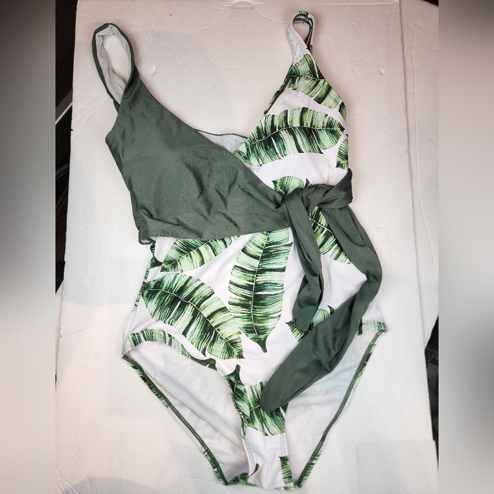 New Green White Leaf Knot Side Tie 1 Piece Swimsuit Tropical Bathing Suit Size S